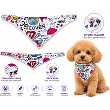 Köpek ve Kedi Fuları Çıtçıtlı Grafiti Desenli Bandana - Beyaz
