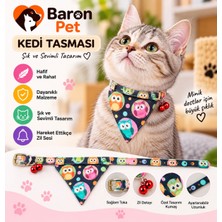 Fularlı Kedi Tasması Lacivert Baykuş Desenli Çift Zilli Ayarlanabilir Bandana Kedi Boyun Tasması
