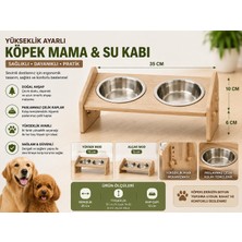 Yükseklik Ayarlı Ahşap Çift Kaseli Köpek Mama ve Su Kabı 35 cm Paslanmaz Çelik