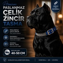 Köpek Zincir Boyun Tasması Paslanmaz Çelik Mavi Dokuma Kayış 40-50 cm Ayarlanabilir