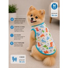 Köpek Tişörtü M Beden Boyun Çapı 36 cm Dinozor Desenli Kolsuz Atlet - Beyaz Turkuaz