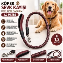 Deri Örgü Köpek Sevk Kayışı 1,2 Metre Yumuşak Deri Saplı Metal Kancalı - Bordo