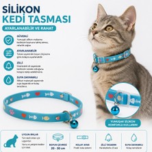 Silikon Kedi Tasması 20-30 cm Zilli Su Geçirmez Ayarlanabilir Balık Pati Desenli - Mavi