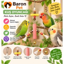 Kuş Oyuncağı Pembe Ahşap Tünekli Renkli Boncuklu Ip Püsküllü Zilli Kafes Içi Papağan Oyuncağı