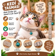 Kedi Tasması Bej File Dokulu Turkuaz Zilli Ayarlanabilir Metal Tokalı Kedi Boyun Tasması
