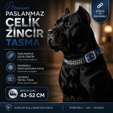 Köpek Zincir Boyun Tasması Paslanmaz Çelik Mavi Dokuma Kayış 43-52 cm Ayarlanabilir