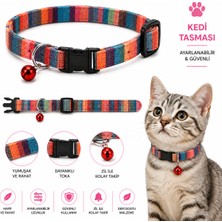 Kedi Tasması Renkli Çizgili Dokuma Zilli Ayarlanabilir Klipsli - Çok Renkli