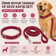 Örme Köpek Boyun Tasması ve Sevk Kayışı Seti 30-50 cm 1,2 Metre Kayış El Örgüsü - Bordo