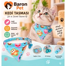 Fularlı Kedi Tasması Turkuaz Baykuş Desenli Çift Zilli Ayarlanabilir Bandana Kedi Boyun Tasması
