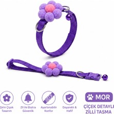 Ponpon Çiçek Süslemeli Zilli Kedi Tasması Ayarlanabilir Emniyet Tokalı - Mor