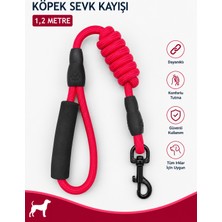 Köpek Sevk Kayışı 1,2 Metre Örgü Ip Süngerli Sap Düğüm Detaylı Metal Klipsli - Kırmızı