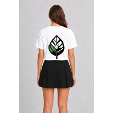 Wakha Modern Kedi ve Yaprak Grafik Baskı - Sırt Baskılı Tişört - Beyaz