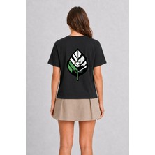 Wakha Modern Kedi ve Yaprak Grafik Baskı - Sırt Baskılı Tişört - Siyah