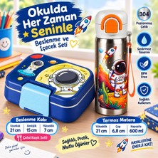 BURADABULDUN Titiz Çelik Beslenme Kabı ve 600 ml Çelik Termos Matara Seti Astronot Desenli 2 Li Okul Seti