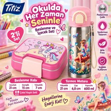 BURADABULDUN Titiz Çelik Beslenme Kabı ve 600 ml Çelik Termos Matara Seti Pembe Unicorn & Su Perisi 2 Li Okul Seti