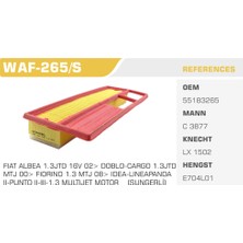 Winkel WAF-265S Hava Filtresi Fiat 500 Albea Linea Doblo Fiorino Idea Panda Punto Evo Combo Ka 1.3 J