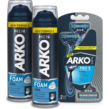 Arko Men 2 x 200 ml Cool Tıraş Köpüğü ve 3'lü Tıraş Bıçağı Premium Kalite ile Erkekler İçin