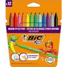 Bıc Kids Kid Couleur Ultra Yıkanabilir Keçeli Boya Kalemi 12 Renk, Kolayca Çoğu Kumaştan Çıkar, Su Bazlı Keçeli Kalem