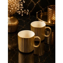 Yzhome 2 Li Porselen Gold Gümüş Lüsterli Çizgili Çay Kahve Kupası Bardak Kupa 350ML