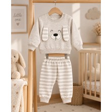 Bebek Star Kulak Detaylı Çizgili Taş - Bej %100 Cotton Bebek Takımı