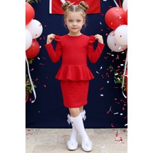 Parla Kids Kız Çocuk Diana Kırmız Fırfırlı Uzun Kollu Pamuklu Elbise 23 Nisan 29 Ekim Gösteri Kıyafeti