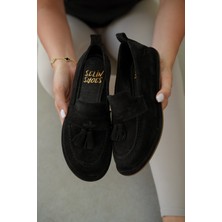 Selin Shoes Belluno Hakiki Deri Püsküllü Kadın Loafer- Siyah Süet