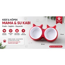Baron Pet Kedi Kulaklı Ikili Mama ve Su Kabı 26X13 cm Çift Bölmeli - Kırmızı