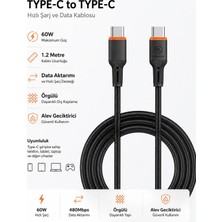 Tuji Premium 60W Pd Type-C To Type-C Hızlı Şarj ve Data Kablosu 1.2 Metre – Örgülü, Alev , Dayanıklı Usb-C Kablo