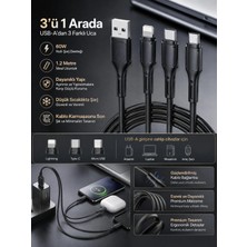Tuji Premium 3’ü 1 Arada 60W Hızlı Şarj Kablosu 1.2 Metre – Type-C, Lightning ve Micro USB Uçlu Çoklu Şarj Kablosu Siyah