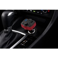 Işıltı Design Araç Içi Kırmızı Kristal Taşlı Fm Transmitter Bluetooth USB Type-C Oto Çakmaklık
