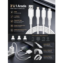 Tuji Premium 3’ü 1 Arada 60W Hızlı Şarj Kablosu 1.2 Metre – Type-C, Lightning ve Micro USB Uçlu Çoklu Şarj Kablosu Beyaz