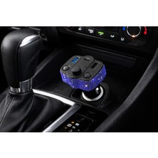 Işıltı Design Araç Içi Saks Mavisi Kristal Taşlı Fm Transmitter Bluetooth USB Type-C Oto Çakmaklık