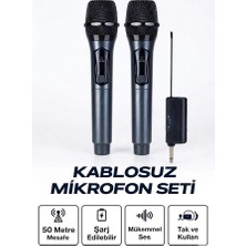 Zamerya Profesyonel Çiftli Kablosuz Mikrofon Seti Karaoke Şarj Edilebilir 50 Metre