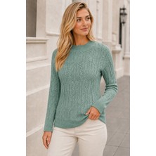 AQE FASHION Kadın Yuvarlak Yaka Uzun Kollu Saç Örgülü Yürütme Desenli Şık Günlük Mint Triko Kazak