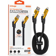 Linkage Lkcb-66 65W 3A 4’ü 1 Arada Type-C, Lightning ve USB Uyumlu Örgülü Hızlı Şarj ve Data Kablosu