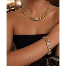 Gizovia Gold Renk Taşlı Kalın Zincir Kolye ve Bileklik Takımı