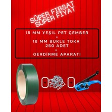 Dalpak Ambalaj 15 mm Yeşil Çember ( Yeşil Polyester Şerit )+ 250 Adet 16 mm Pet Çember Tokası + Gerdirme Aparatı