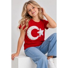 Sibel Günay Butik Kırmızı Beyaz Kabartma Pullu Tüllü Ay Yıldızlı %100 Pamuk Kız Çocuk Tişört