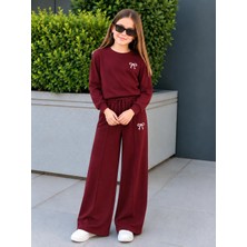 Zepkids Kız Çocuk Eşofman Takımı Bordo Fiyonklu Sweatshirt ve Bol Paça Pantolon 2'li Takım