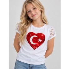Sibel Günay Butik Beyaz Ay Yıldız Kalp Payetli Pullu Tül Kollu %100 Pamuk Kız Çocuk Badi Tişört