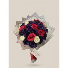Kahramanoğlu Flowers Lüks Mor, Kırmızı ve Beyaz Hüsnüyusuf / Gül Tasarım Yapay Çiçek Buketi
