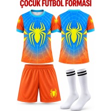 Sidas Spider-Man Turuncu-Mavi Örümcek Desen Özel Tasarım Çocuk Futbol Forması Takımı 3 Parça Forma+Şort+Çorap