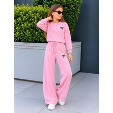 Zepkids Kız Çocuk Eşofman Takımı Pembe Fiyonklu Sweatshirt ve Bol Paça Pantolon 2'li Takım