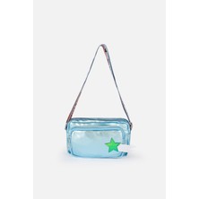 İcone Bag Çocuk Çantası, Iki Bölmeli Yıldız Desenli Metalik Mavi El ve Omuz Çanta, Kids Bag