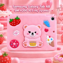 Monsgeek Samsung Galaxy Tab A8 X200 10.5 Inç Uyumlu Ayıcık Figürlü Yatay Stand Özellikli Kalemlik Bölmeli Sevimli Tablet Kılıfı Pembe