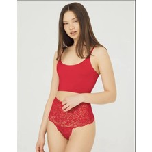 Kadın Kırmızı Çapraz Bantlı Dantelli Yüksek Bel Tanga - DMTART3114-3605
