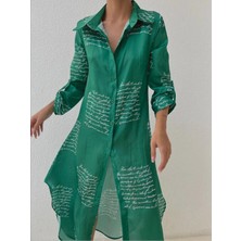 Mass Fashion Kadın Saten Yazı Desenli Gömlek Elbise