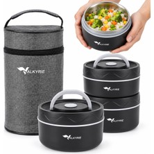Valkyrie 3 Katlı Taraftar 304 Paslanmaz Çelik Yemek Termosu 420+420+550ML Isı Yalıtımlı Çantalı Siyah