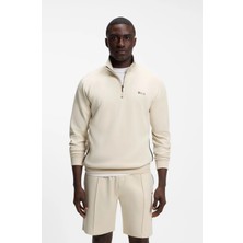 Boss Erkek Normal Kalıp Yarım Fermuarlı Metalik Logo Imzalı Pamuklu Uzun Kollu Bej Sweatshirt 50566915-132