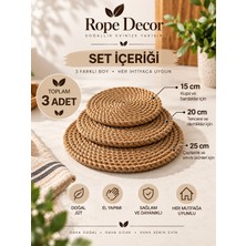 Rope Decor 3'lü Doğal Jüt Nihale Seti 15-20-25 cm – El Yapımı Tencere, Tava ve Çaydanlık Altlığı